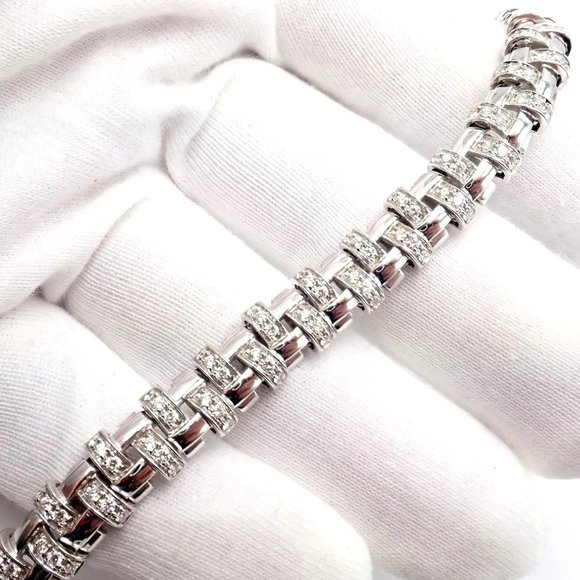 Authentic! Tiffany & Co Vannerie 18k White Gold Basket Weave Diamond Necklace - Picture 4 of 14